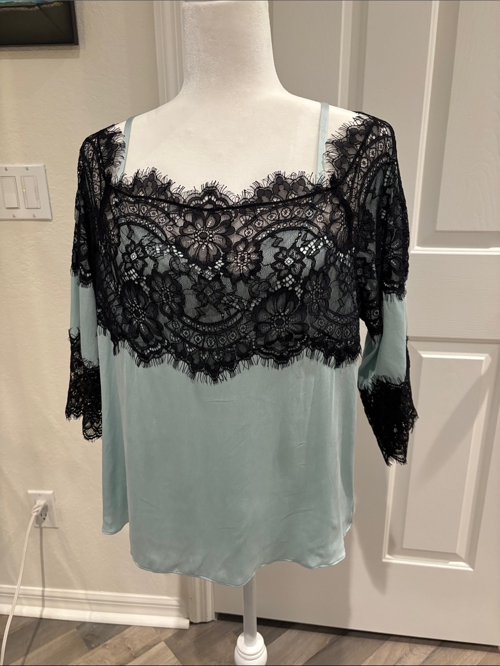Alice + Olivia Dusty Aqua Camisole with Black Lace Overlay